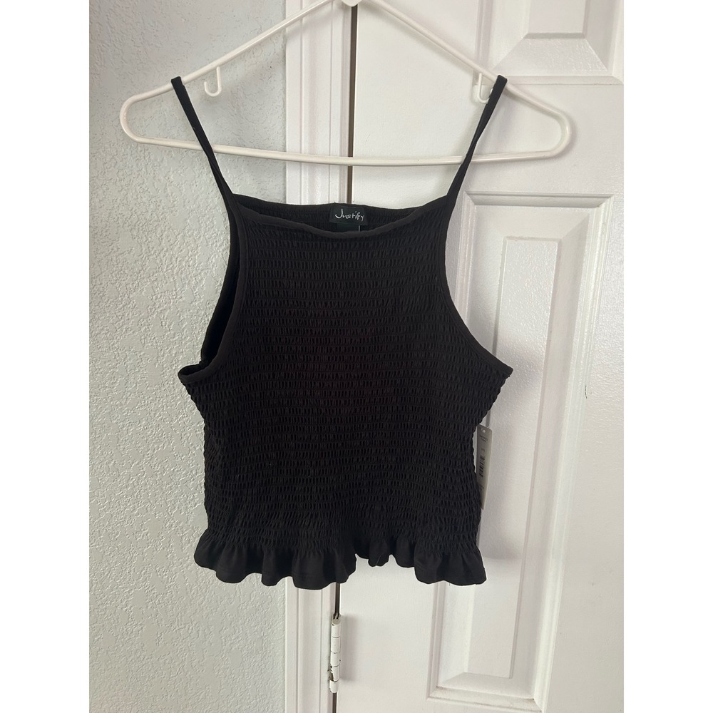 Justify Womens Smocked Tank Top Black Ruffle Hem Spaghetti Strap Small NWT